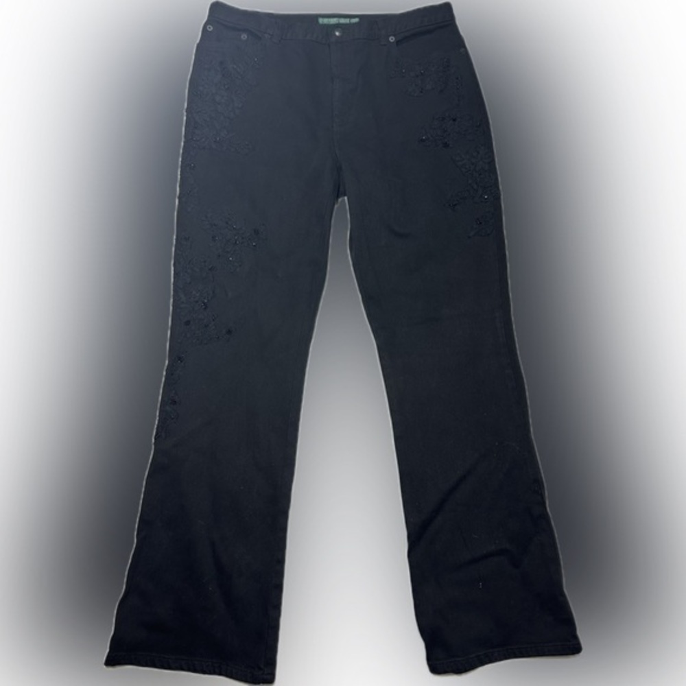 Ralph Lauren Jeans Womens 14 Wide Leg Black Dark Wash Embroidered Floral
